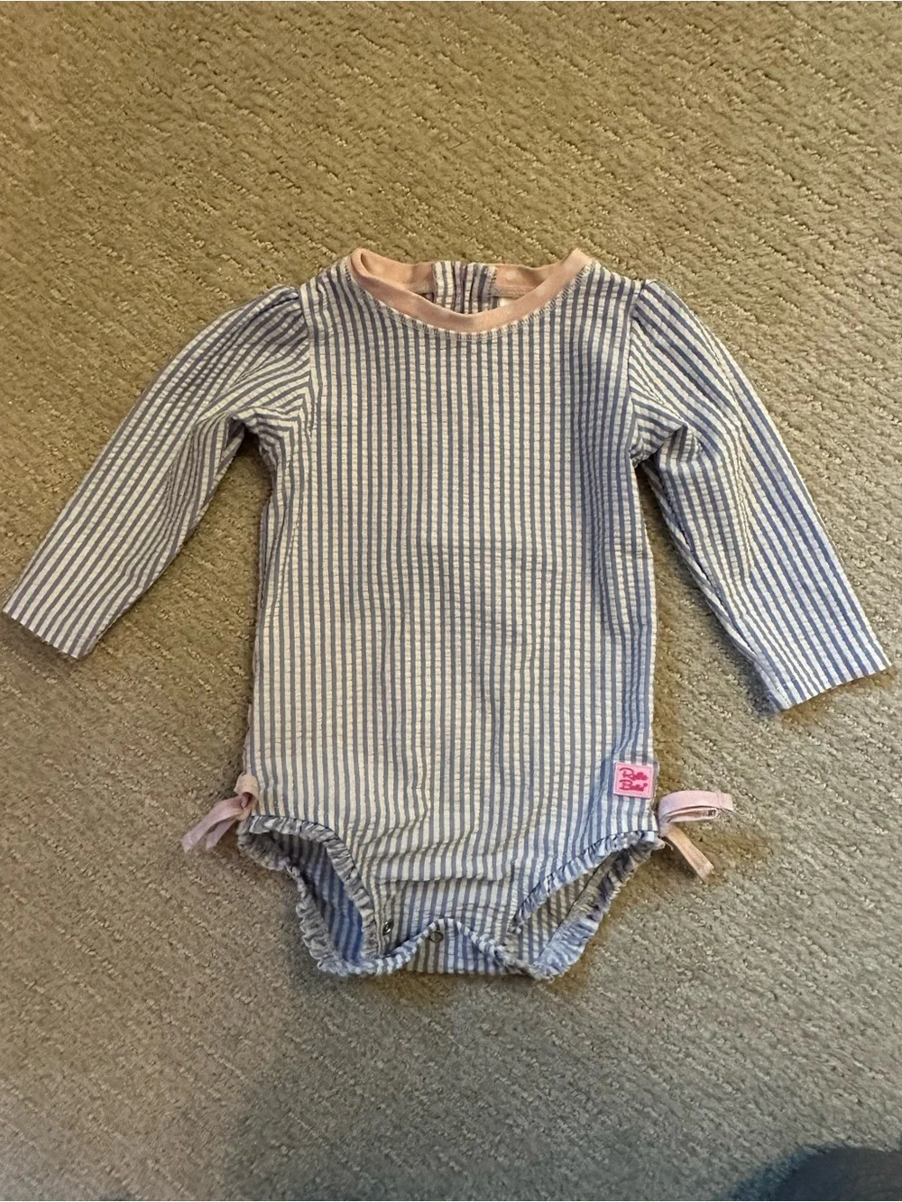 Ruffle Butts Blue & White Striped Long-Sleeve One-Piece with Pink Trim